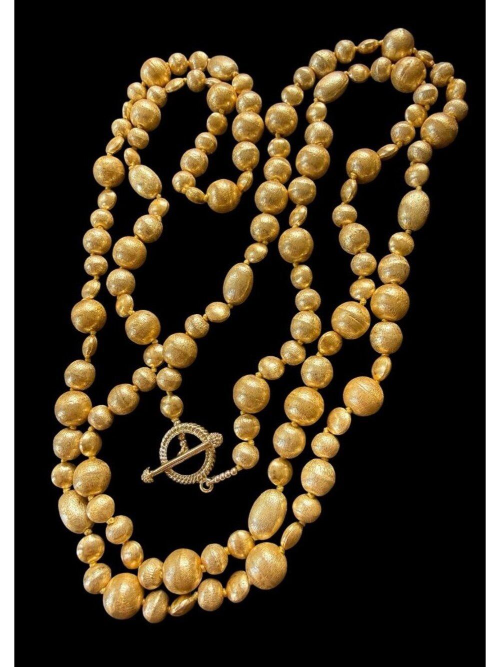 Vintage Brushed Gold Tone Knotted Beaded Necklace Extra Long Toggle 70”